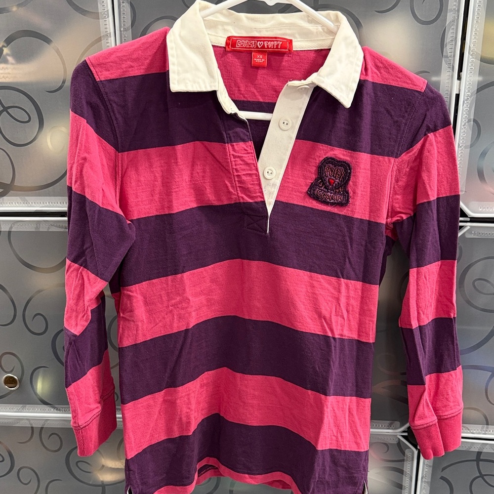 Coach Striped Long Sleeve Polo in Pink and Purple